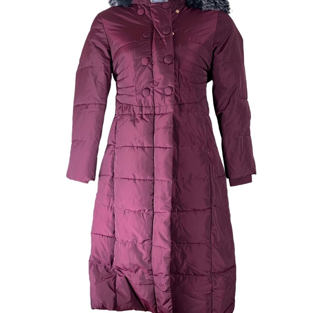 Polydeer Jacket Small Zip & Snap Front Pockets Faux Fur Hood Quilted Red Purple